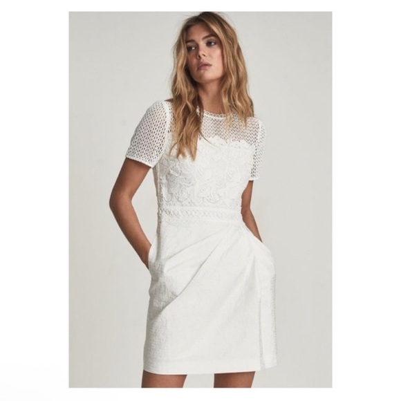 New! REISS London Freyda Lace Sheer Crochet Detailing Mini Dress in White - Picture 2 of 11